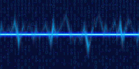 Sound waves oscillating glow with binary code , neon light. Abstract technology background , vector illustration.