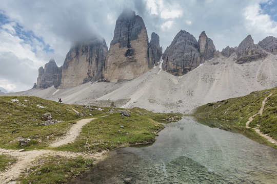 Europe, Italy, Dolomites, Belluno and Bolzano. Tre Cime di Lavaredo north face as seen from Grava Longa lakes