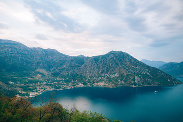 Naklejka na ściany i meble The island of Gospa od Skrpela, Kotor Bay, Montenegro. View from the high mountain above Risan.