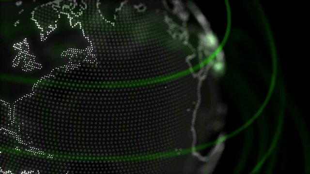 Digital Planet Earth Loop 1C: 360 degrees rotating globe focused on northern hemisphere with dark background. Transparent land, land edges as white dots, green abstract rings. Seamless loop.