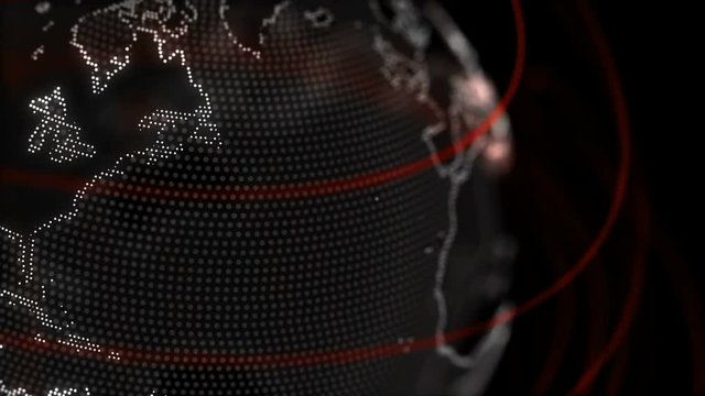 Digital Planet Earth Loop 1B: 360 degrees rotating globe focused on northern hemisphere with dark background. Transparent land, land edges as white dots, red abstract rings. Seamless loop.