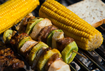 close on raw meat with fruits on the grill
