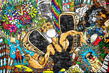 Fototapeta premium Muzyczny kolaż na wielkim ściana z cegieł, graffiti