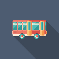 Toy retro bus flat square icon with long shadows.