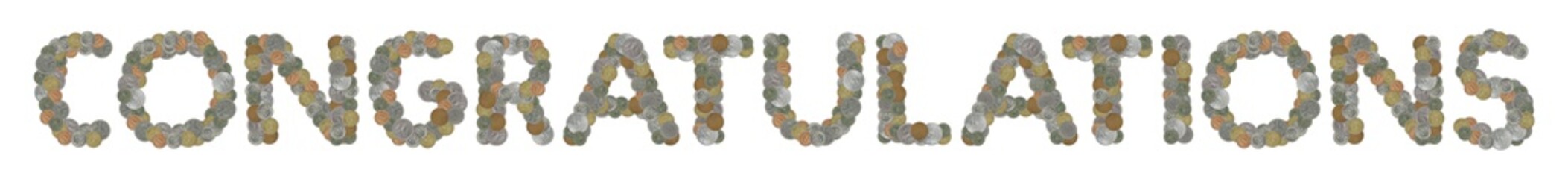CONGRATULATIONS  –  Coins on white background