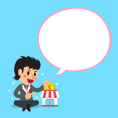 Cartoon a businesswoman with white speech bubble