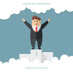 Man in a suit with a red tie. Office worker, manager, accounts department, banker. businessman proudly standing on the winning podium. Flat vector illustration