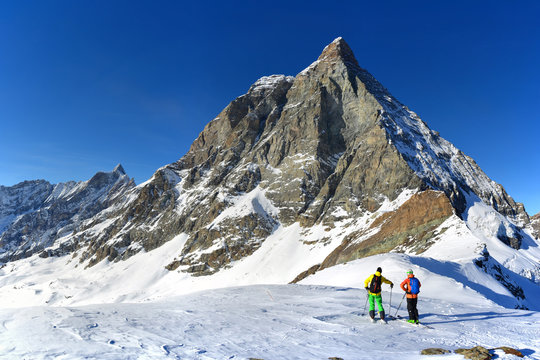 Free rider ski with Matterhorn (Cervino) on background, valtournenche, Aosta Valley, Italy