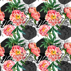 Watercolor and sketch peonies seamless pattern