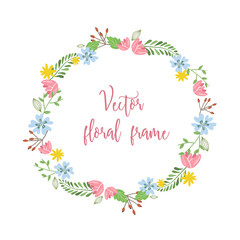 Cute floral round vector frame with little pink, blue and yellow flowers and green leaves and branches - decorative design for your card or invitation