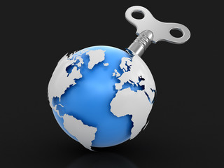 3d Globe  with winding key. Image with clipping path 