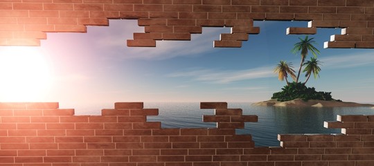 A tropical landscape in a broken brick wall, a rift in a brick wall, a sea sunset, a banner, 3d rendering
