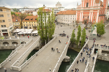 Presern square with Ljubljanica river and triple bridge in Ljubljana, Slovenia