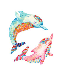 Image of Watercolor pair of lovely dolphins isolated on white background. printed on Printed Glass Basin Splashbacks