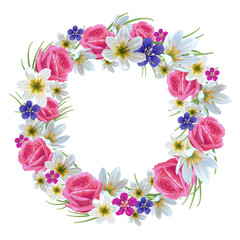 Beautiful floral wreath on a white background. Template for greeting card, wedding invitations.