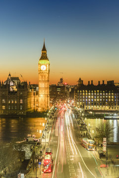 High angle view of Big Ben, the Palace of Westminster and Westminster Bridge at dusk, London
