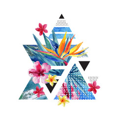 Abstract summer geometric poster design with flowers