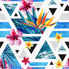 Fototapety  Streszczenie lato geometryczny wzór z egzotycznymi kwiatami