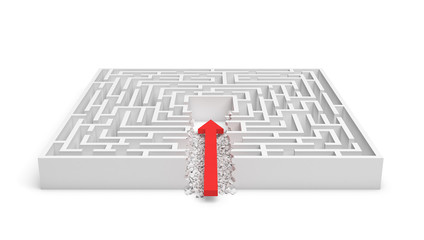 3d rendering of a square maze with a red arrow borrowing to the center isolated on white background