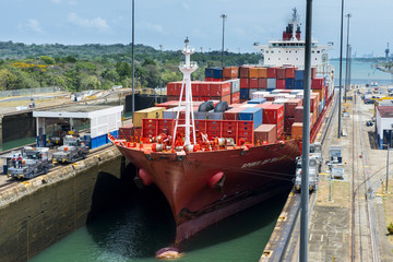 Cargo boats passing the Gatun Locks, Panama Canal, Panama