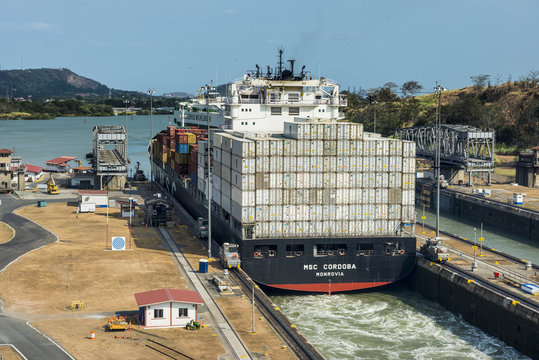 Cargo boat passing the Miraflores Locks, Panama Canal, Panama City, Panama