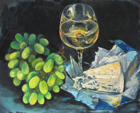 Still life with delicious composition of white grape, white wine and dor blu cheese on black background, original oil painting