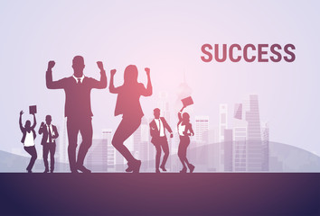 Business People Group Silhouette Excited Hold Hands Up Raised Arms, Businesspeople Concept Winner Success Vector Illustration