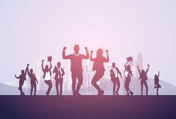 Business People Group Silhouette Excited Hold Hands Up Raised Arms, Businesspeople Concept Winner Success Vector Illustration