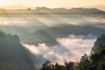 Scenic landscape sunlight shine on foggy hill