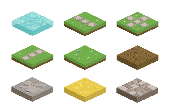 Set of isometric landscape design tiles with different surfaces - grass, water, dirt, stone, pavement and parts for creating path
