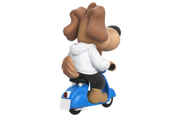 Cartoon dog on blue scooter. 3D rendering