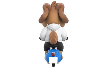 Cartoon funny dog on blue toy scooter, back view. 3D rendering