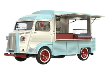 Food truck eatery cafe on wheels, in light colors. 3D rendering - 144095154