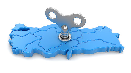 Map of Turkey with winding key. Image with clipping path.