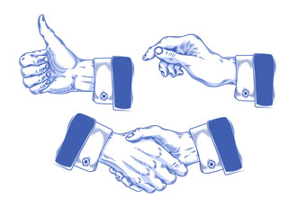  illustration set of icons of mens hands making various gestures. Engraving style.
