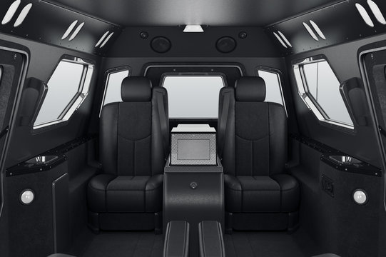 Car inside black leather comfort seats. 3D rendering