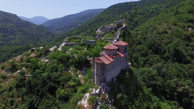 Asenova Krepost Asen's Fortress Early Christian Mountain Watch Tower Aerial 4K UHD video