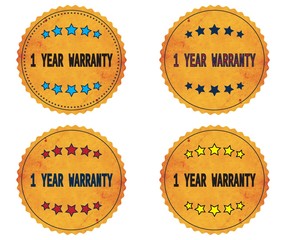 1 YEAR WARRANTY text, on round wavy border vintage, stamp badge.