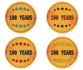 100 YEARS text, on round wavy border vintage, stamp badge.