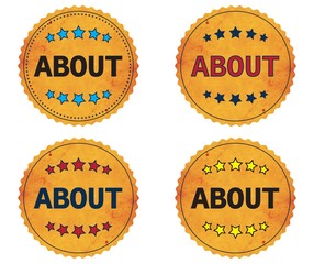 ABOUT text, on round wavy border vintage, stamp badge.