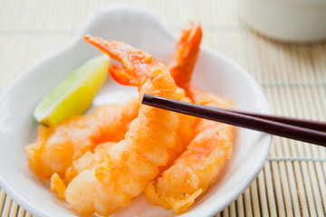 Battered Deep Fried King Prawns, perfect for cocktail party. Japanese cuisine traditional tempura...