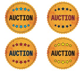AUCTION text, on round wavy border vintage, stamp badge.