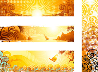 Set of summer banner designs with sun, sea, waves, sailboat and surfing silhouette. Vector illustration.