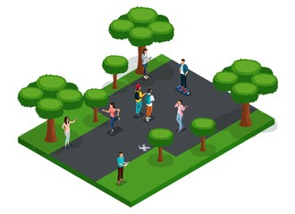 Trendy People Isometric vector 3D teenagers, young people, students, freelancers, walk, run, use the gadgets, playing in the park, osfalte, trees