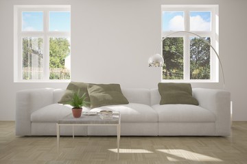 White room with sofa and green landscape in window. Scandinavian interior design. 3D illustration