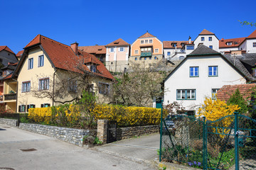 Fototapeta na wymiar View of the residential street in the market town of Weissenkirchen in der Wachau. District of Krems-Land, Lower Austria.