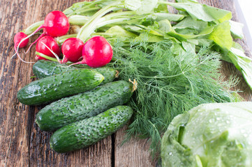 Fresh cucumbers onions radish and fennel on a wooden background