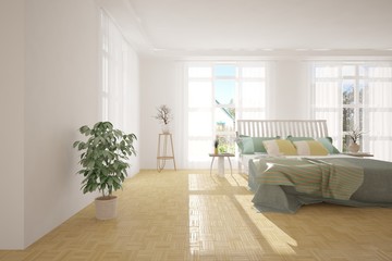Fototapeta premium White bedroom with green landscape in window. Scandinavian interior design. 3D illustration