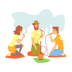Young Cool People Smoking Hookah And Vaporizer Sitting On The Floor Illustration With Smokers And Vapers