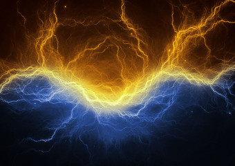 Naklejka premium Gold and blue electric lightning - abstract electrical background